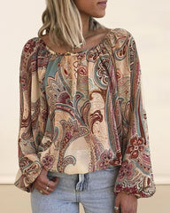 Boho-Bluse mit bedruckten Ärmeln und Laternenärmeln