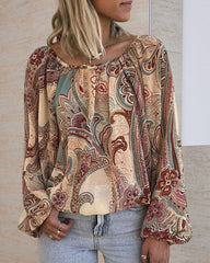 Boho-Bluse mit bedruckten Ärmeln und Laternenärmeln