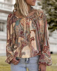 Boho-Bluse mit bedruckten Ärmeln und Laternenärmeln