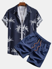 Palm Tree Print Button Up Skjorta & badshorts