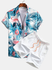 Flamingo Tropical Print Button Up-skjorta och badshorts