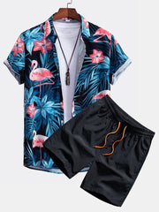 Flamingo Tropical Print Button Up-skjorta och badshorts