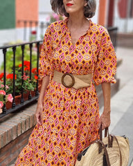 Kleid mit Vintage-Print und Puffärmeln