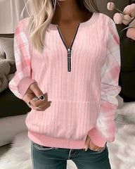 Karierter Pullover mit Reißverschluss und Farbblock