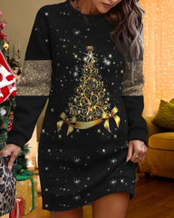 Lässiges Kleid mit Weihnachtsbaum-Print