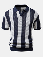 Gestreiftes Strick-Poloshirt mit V-Ausschnitt