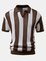 Gestreiftes Strick-Poloshirt mit V-Ausschnitt